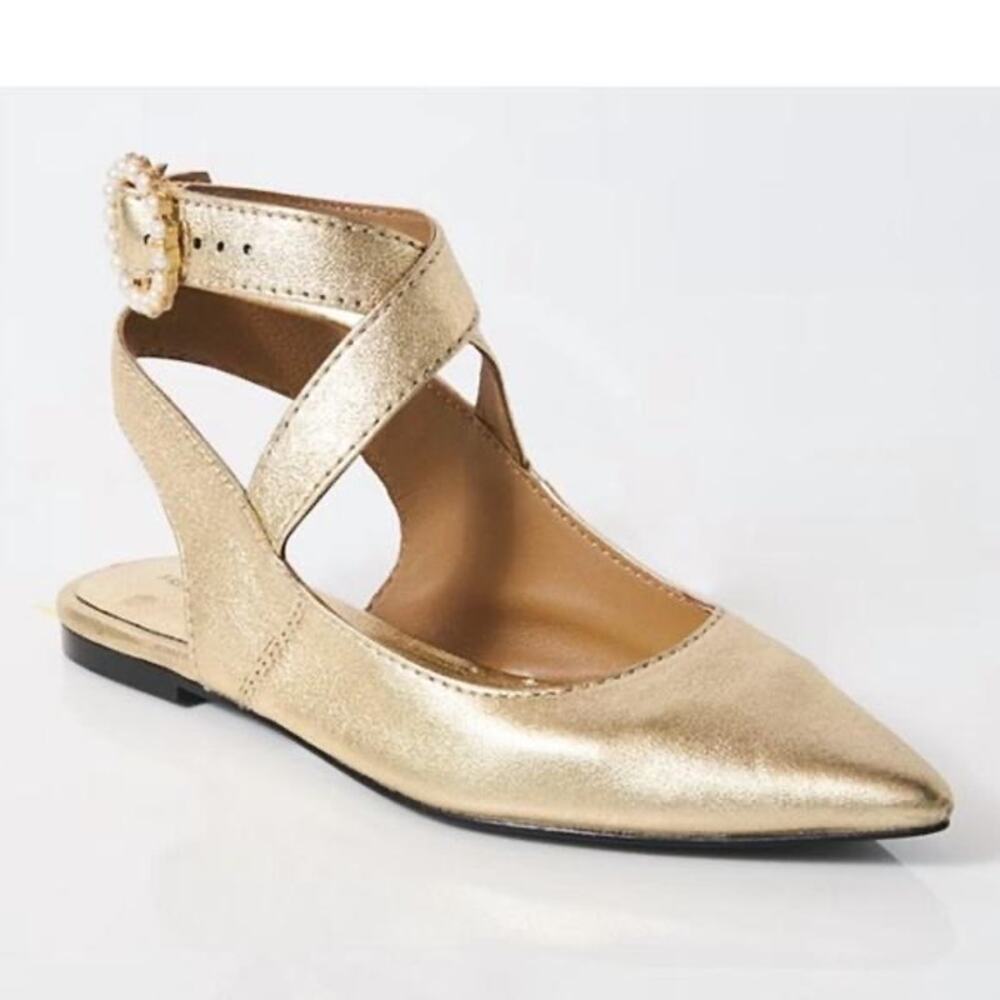 Free People Gold Metallic Pointed Toe Flats Pearl Buckle Strap Size 7 - Picture 2 of 10